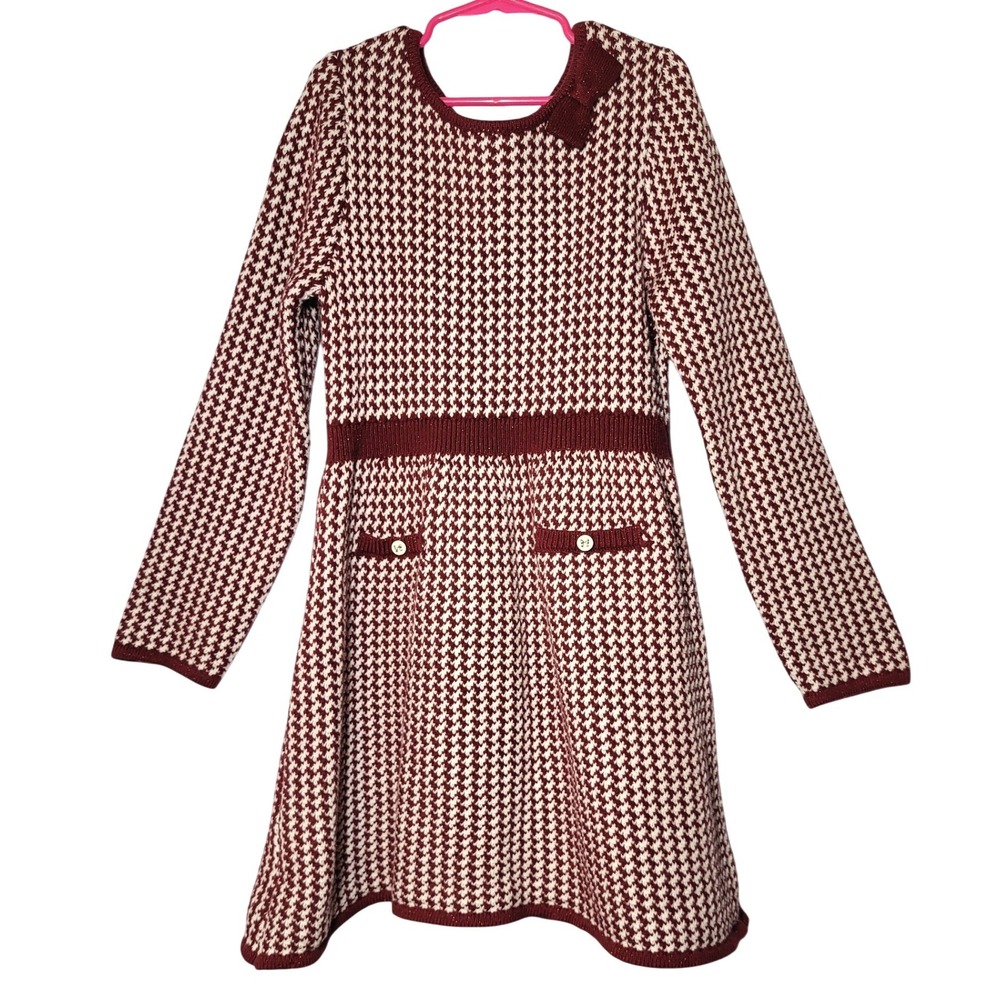 Cupcakes & Cashmere Girls Burgundy Houndstooth Sweater Dress Bow Size M 7/8 Cute